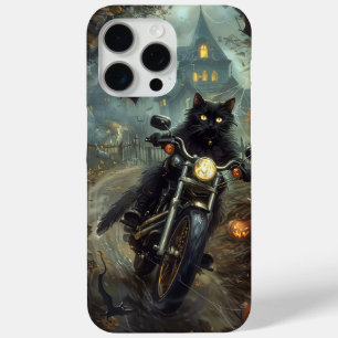 Funda Para iPhone 15 Pro Max Gato Negro Montando Motocicleta Halloween Espeluzn