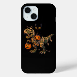 Funda Para iPhone 15 Gato Negro Montando T-Rex Momia – Dino Cute de Hal