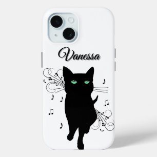 Funda Para iPhone 15 Gato negro rodeado de notas musicales Personal