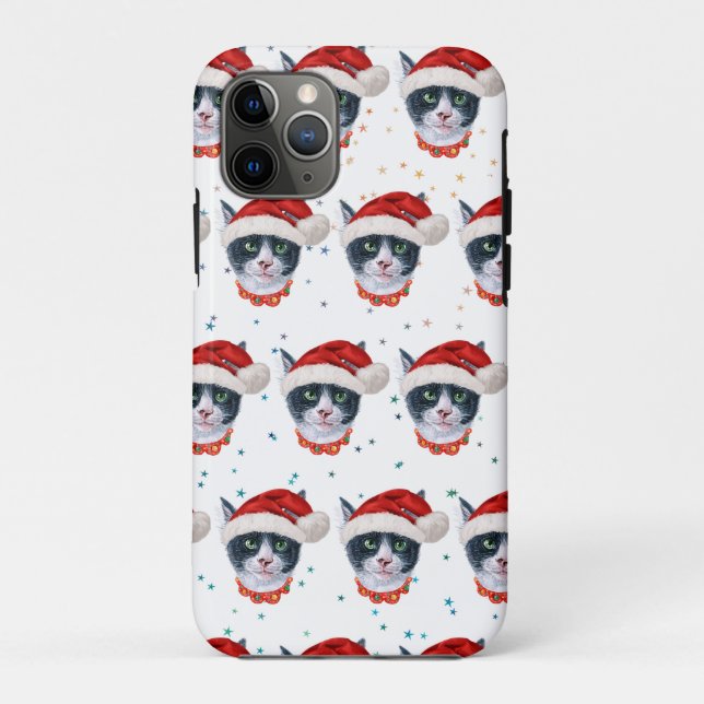Funda De Case-Mate Para iPhone Gato negro y blanco de acuarela de Navidad (Reverso)
