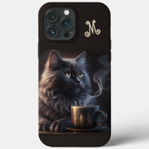 Funda Para iPhone 13 Pro Max Gato negro y café con monograma