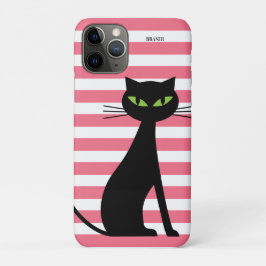 Funda Para iPhone 11 Pro Gato negro y nombre personalizado Bandas rosadas m