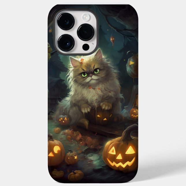 Funda De Case-Mate Para iPhone Gato persa de Halloween con calabazas aterradoras (Reverso )