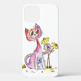 Funda Para iPhone 12 Gato rosa delicioso lindo con flores amarillas