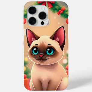 Funda Para iPhone 15 Pro Max Gato siamés adorable con decoraciones de Navidad