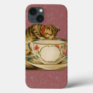Funda Para iPhone 13 Gato Taza de Té Lindo Vintage Victoriano Mascota C