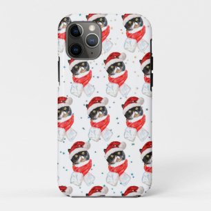 Funda Para iPhone 11 Pro Gato Tricolor de Navidad Acuarela con Bufanda