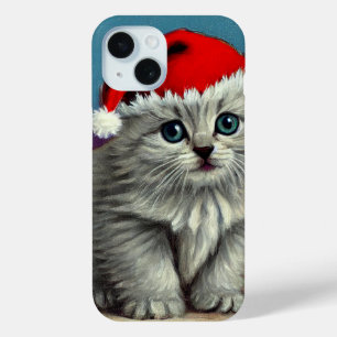 Funda Para iPhone 15 Gato vintage de Navidad en Sombrero Santa
