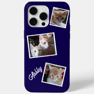 Funda Para iPhone 15 Pro Max Gatos 3 Fotos Collage Mascotas Nombre Marina Azul
