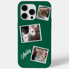 Funda Para iPhone 15 Pro Max Gatos 3 Fotos Collage Mascotas Nombre Verde