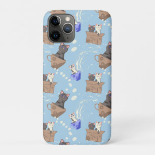 Funda Para iPhone 11 Pro Gatos en caja y gotas de leche en azul