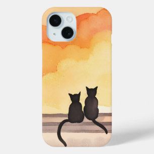 Funda Para iPhone 15 Gatos en la ventana   Silueta de color de agua de 