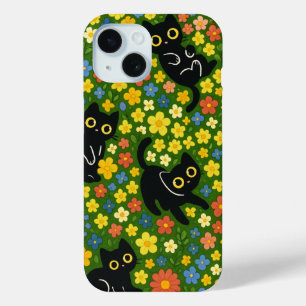 Funda Para iPhone 15 Gatos Negros   Patrón Floral de Pradera de Gatos N