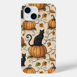 Funda Para iPhone 15 Gatos Negros y Calabazas Patrón de Halloween