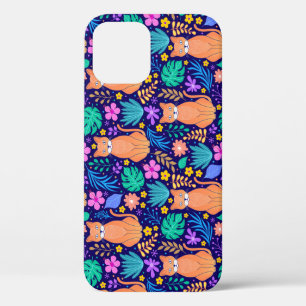 Funda Para iPhone 12 Gatos y flores tropicales: Patrón oscuro