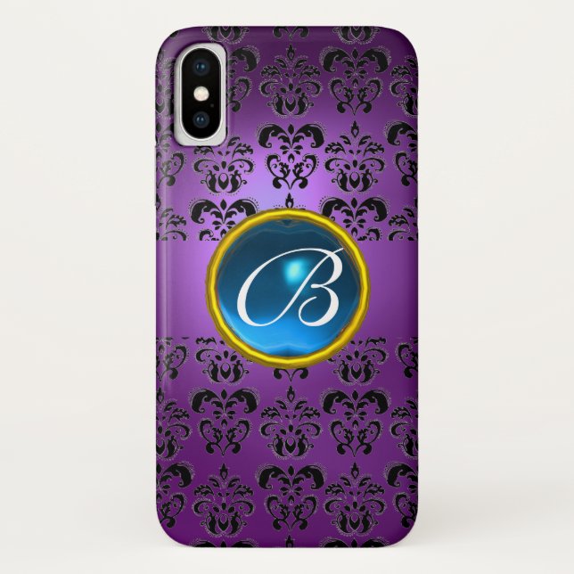 FUNDA DE Case-Mate PARA iPhone GEMA AZUL DE DAMASCA NEGRA PURPLE MONOGRAM (Reverso)