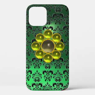 Funda Para iPhone 12 GEMSTONE GRIS AMARILLO MON Jade Green Damask