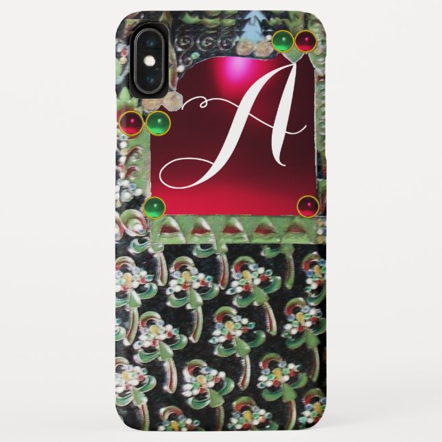 Funda De Case-Mate Para iPhone GEMSTONE MONOGRAM DE ARTE VERDE NEGRO NOUVEAU, rub (Reverso)