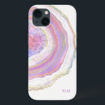 Funda Para iPhone 13 Geode rosado morado y oro de mármol con monograma<br><div class="desc">Proteja su nuevo teléfono con un moderno funda de moda con un hermoso patrón de mármol geodésico. La combinación de colores femeninos incluye tonos rosa, violeta y lavanda, dorado y un toque turquesa y azul en este diseño único. Se incluye una plantilla de texto para personalizar este funda con sus...</div>