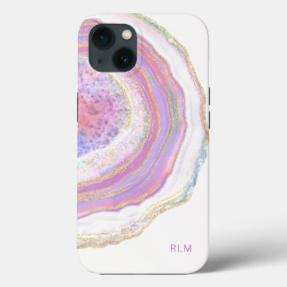 Funda Para iPhone 13 Geode rosado morado y oro de mármol con monograma