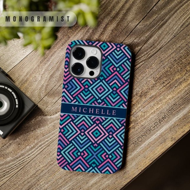 Funda De Case-Mate Para iPhone Geométrico rosa rosa azul oscuro claro personaliza (Customizable Bright Light Dark Blue Pink Geometric Case-Mate iPhone Case)
