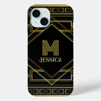 Funda Para iPhone 15 geométrico vintage art deco gold y black
