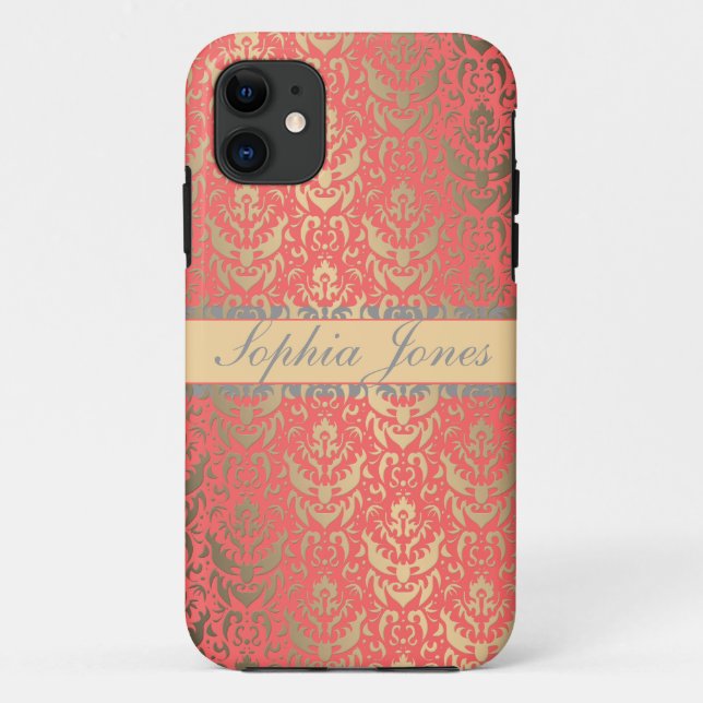 Funda De Case-Mate Para iPhone Gilded Peach Elegant Faux Shimmer Damask (Reverso)