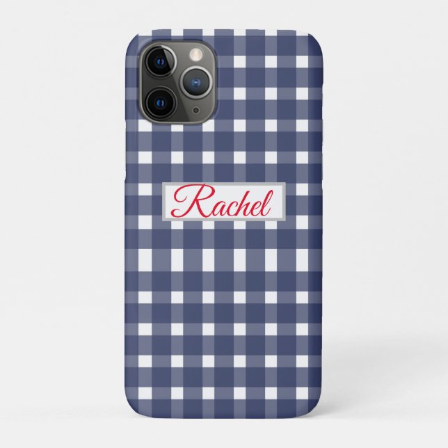 Funda De Case-Mate Para iPhone Gingham blanco azul personalizado (Reverso)