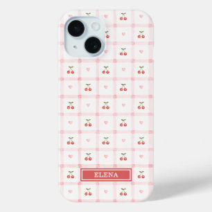 Funda Para iPhone 15 Gingham Rojo con Cerezas y Lazos Monogramado