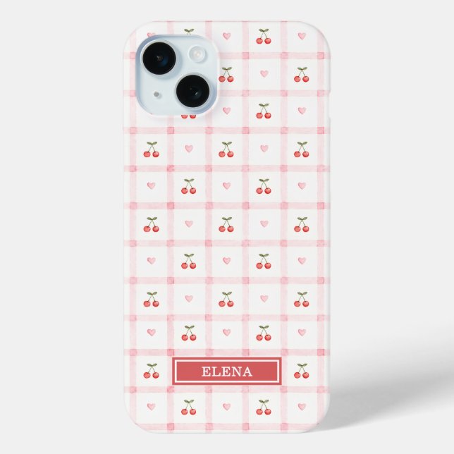 Funda De Case-Mate Para iPhone Gingham Rojo con Cerezas y Lazos Monogramado (Reverso )