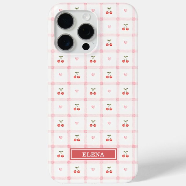 Funda De Case-Mate Para iPhone Gingham Rojo con Cerezas y Lazos Monogramado (Reverso )