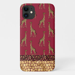 Funda Para iPhone 11 Girafa de oro Borgoña elegante