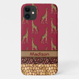 Funda Para iPhone 11 Girafa de oro Estilo Borgoña Nombre Moda Jungla