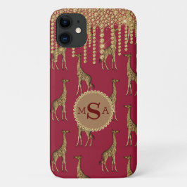 Funda Para iPhone 11 Girafa de oro Monograma Bling Burgundy Jewels