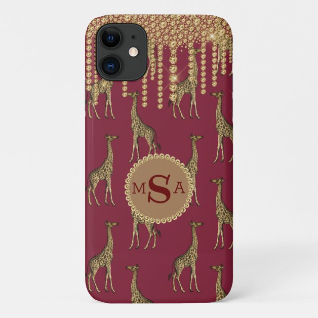 Funda De Case-Mate Para iPhone Girafa de oro Monograma Bling Burgundy Jewels (Reverso)