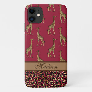 Funda Para iPhone 11 Girafa dorada estilo Borgoña estilo guión