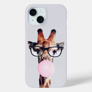 Funda Para iPhone 15 Giraffe con gafas soplando chicle rosa