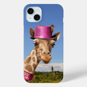 Funda Para iPhone 15 Mini Giraffe en gorra rosa brillante