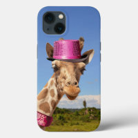 Giraffe en gorra rosa brillante