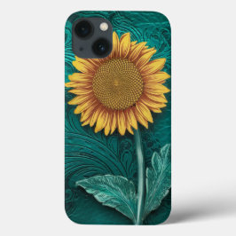 Funda Para iPhone 13 Girasol amarillo con herramientas de cuero verde a