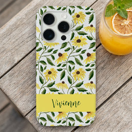 Funda Para iPhone 15 Pro Girasol Amarillo Verde Acuarela Nombre de Flor Sil