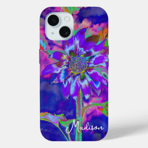 Funda Para iPhone 15 Girasol azul abstracto púrpura   retro funky