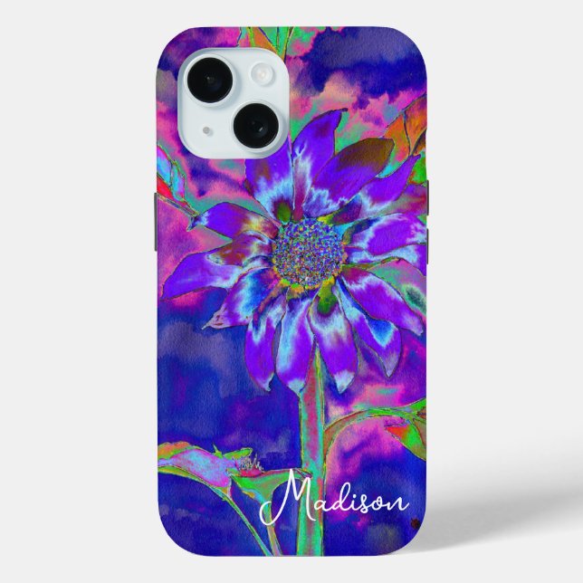 Funda De Case-Mate Para iPhone Girasol azul abstracto púrpura | retro funky (Reverso )