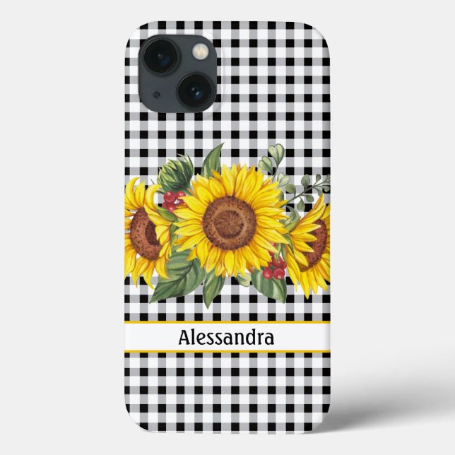 Funda De Case-Mate Para iPhone Girasol de Gingham negro personalizado (Reverso)