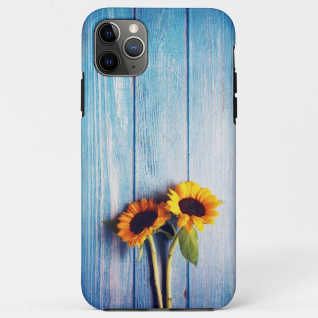 Funda De Case-Mate Para iPhone Girasol en la pared de la madera azul (Reverso)