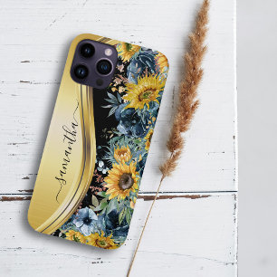 Funda Para iPhone 12 Girasol Floral Monograma nombre Dorado Amarillo