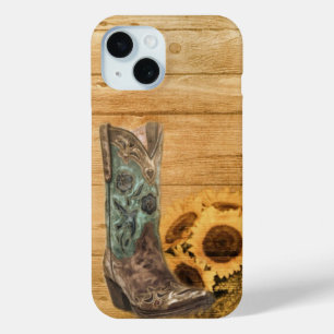 Funda Para iPhone 15 girasol occidental rústico de madera del granero