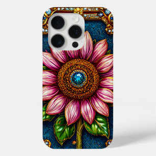 Funda Para iPhone 15 Pro Girasol rosa con detalles de piedras preciosas