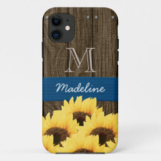 FUNDA PARA iPhone 11 GIRASOL RÚSTICO AZUL CON MONOGRAMA