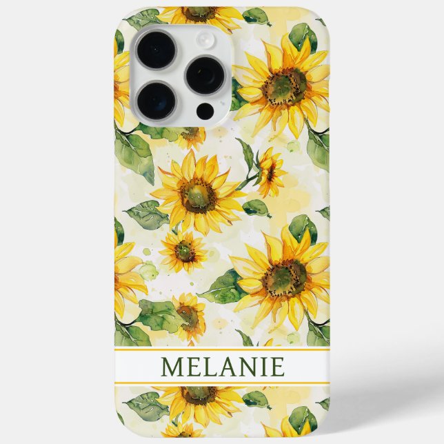 Funda De Case-Mate Para iPhone Girasoles en acuarela monogramados (Reverso )